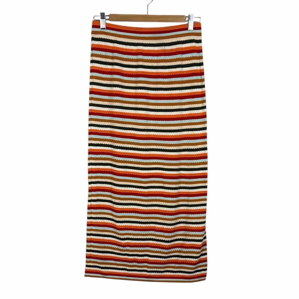 Zara Knit Striped Midi Skirt Medium 100% Cotton Retro Fall